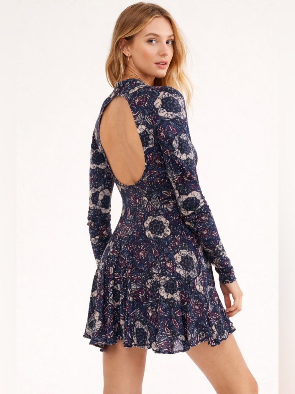 Free People Navy Floral Open-Back Mini Dress